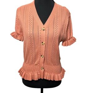 Celebrity Pink Short Knit Cardigan Button Ruffle Cottage Coquette Women M Cotton